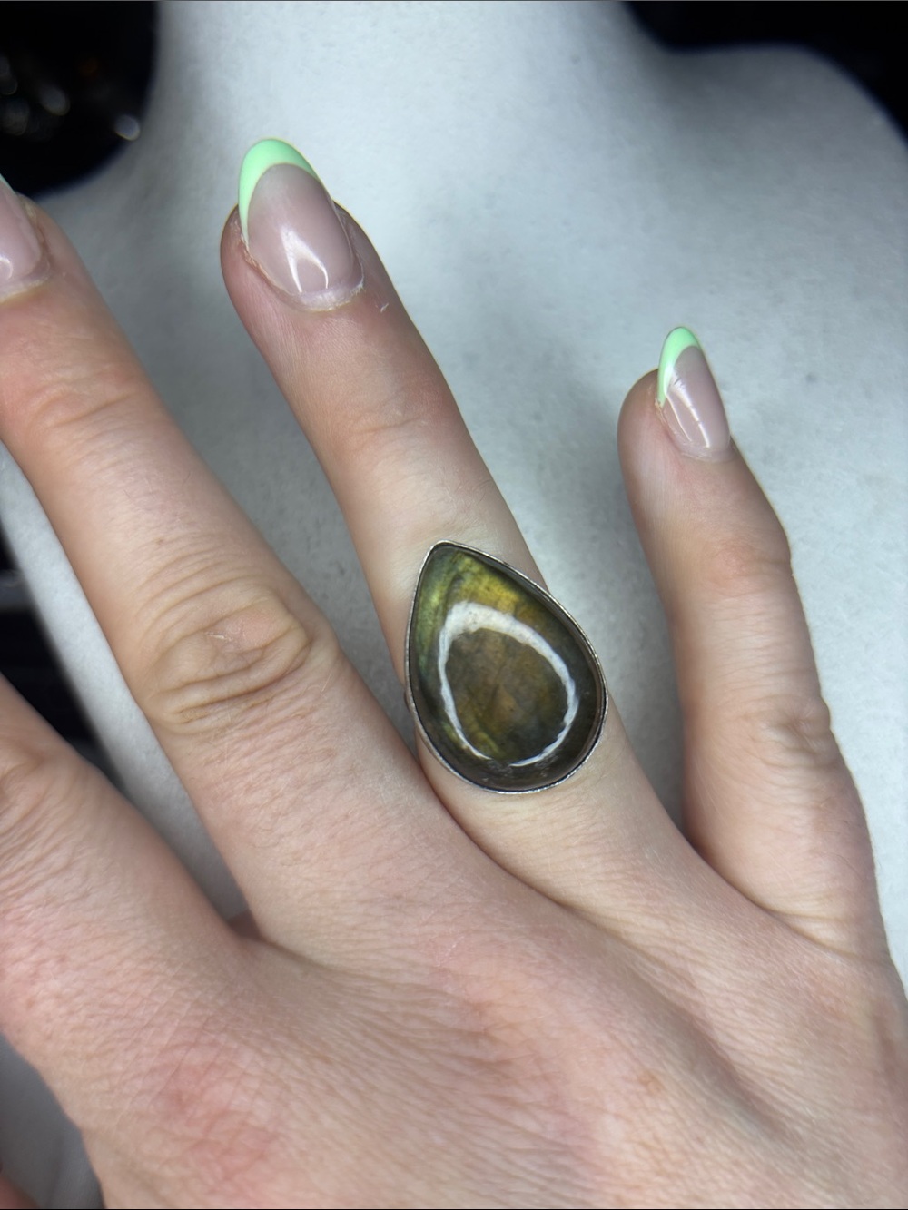 Teardrop Labradorite Statement Ring - Olive Green Stone